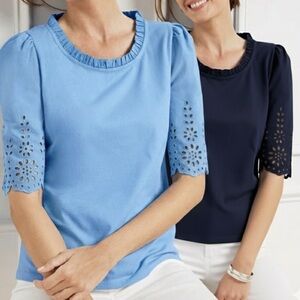Talbots Set of 2 Blue Eyelet Sleeve Knit Tees - Size SP - NWOT